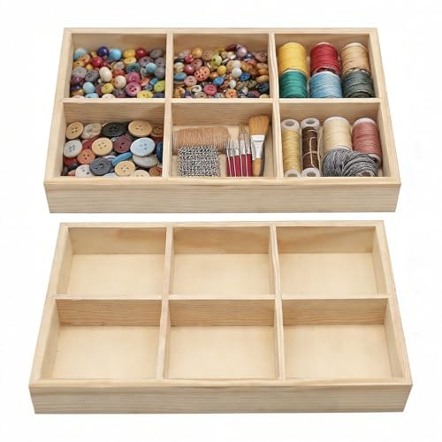 Zerodeko Wood Organizer Tray with 6 Compartments, Multi-Purpose Wooden Sorting Tray for Jewelry, Watch Parts, Crafts & Beads, Desktop Drawer Storage Crayon Box, Natural Wood Dice for Gaming - color: As Shownx2pcs, size: 23.5X16X3CMx2pcs