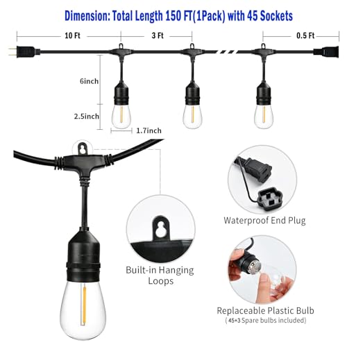 150 FT Outdoor String Lights for Outside Black with 48pcs Replaceable S14 Edison Lights 2200K, Weatherproof for Patio Pergola Gazebo Backyard, 1-Pack, Hooks and Zip Ties Included, Connectable - size: 150 feet(1Pack)