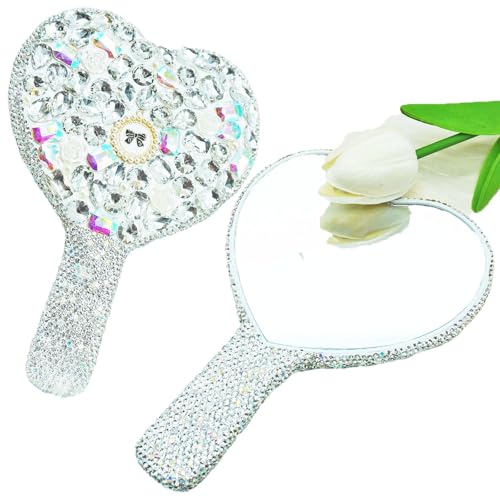 Large Rhinestone Handheld Mirror Heart Bling Glitter Cosmetic Dazzling Portable Hand Mirrors with Handle for Women Wedding Silver White (Large-White) - color: Large-white