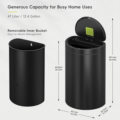 EKO Mirage Semi-Round 47L / 12.4 Gal Motion Sensor Trash Can, Automatic Kitchen Trash Bin with Deodorizer Compartment, Removable Lid & Inner Bucket, Stainless Steel Garbage Can, Matte Black - size: 47L -Premium Semi-Round (Matte Black)