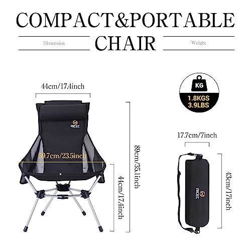Nice C Ultralight High Back Fold Camp Chair, Compact Collapsible Backpack Hiking Festival Carry Chair, Heavy Duty Outdoor, Travel, Picnic, with 2 Side Pockets, Pillow, Carry Bag (1, Black)