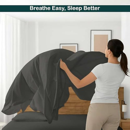 NON Sticky cotton 4 Piece Premium Egyptian Cotton Full Bed Sheet Set, 15" Deep Pocket Fitted, Easy Care, Soft Sheets for Bedroom and Home Mattress, 54" x 75", Dark Grey Solid - color: Dark Grey Solid, size: Full