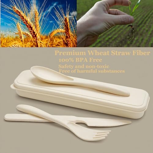 Wheat Straw Utensils Set with Case, Reusable Travel Cutlery Set with Spoon Fork Knife, BPA-Free Portable Flatware for Camping, Hiking & Picnic (Beige) - color: Beige