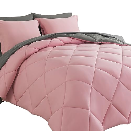 Cosybay Bed in a Bag Full Comforter Sets 7pcs All Season Solid Down Alternative Bedding Sets Pink and Grey with Comforter, Pillow Shams, Flat Sheet, Fitted Sheet and Pillowcases - color: Pink/Grey, size: Full