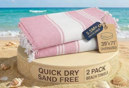LANE LINEN Turkish Beach Towels, 2 Pack Extra Large Beach Towel, Pre-Washed for Soft Feel, Oversized Sand Free Quick-Dry Pool Towel, Beach Towels for Adults, 39"x71" - Candy Pink - color: 05: Candy Pink, size: Pack of 2
