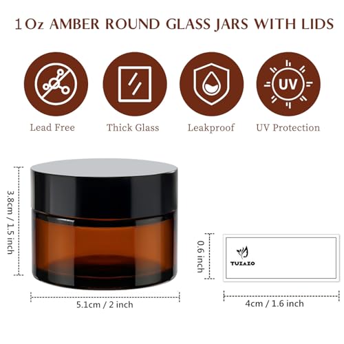 TUZAZO Thick Amber 1 oz Glass Jars with Lids & Inner Liners, 4 Pack Small Amber Glass Jar Travel Containers for Cosmetics, Cream, Lotion | Essential oil Beauty Products | Candle Making Jar - color: 1 oz Amber