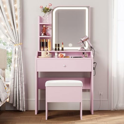 LIKIMIO Small Makeup Vanity Desk with Mirror and Lights, Vanity Table Set with Storage Drawer, Chair and Three Shelves, Bedroom, Pink - color: Pink
