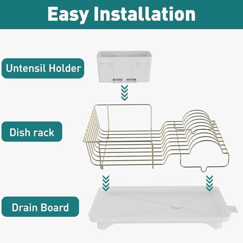Buruis Dish Drying Rack for Kitchen Countertop, Large Capacity Gold Stainless Steel Dish Drainer with Anti-Slip Rubber Feet, Removable Drain Board and Utensil Holder (White Tray) - color: White Drainer