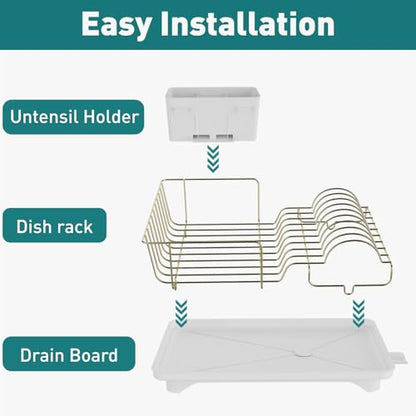 Buruis Dish Drying Rack for Kitchen Countertop, Large Capacity Gold Stainless Steel Dish Drainer with Anti-Slip Rubber Feet, Removable Drain Board and Utensil Holder (White Tray) - color: White Drainer