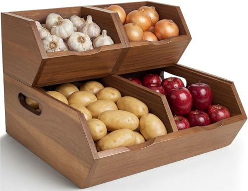 Acacia Wood Potato and Onion Storage Bins Set of 3, Stackable Pantry Organizer Baskets for Kitchen Counter, Open-Front Produce Holder Keeps Vegetables Fresh