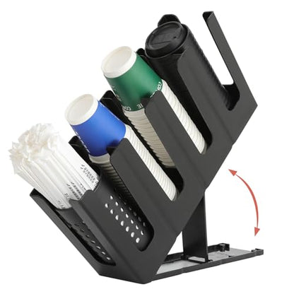 Paper Cup and Lid Holder with Straw Organizer,4 Compartment Adjusting,Coffee Cup Dispenser for Countertop,Coffees Station,Bar Restaurant,Black