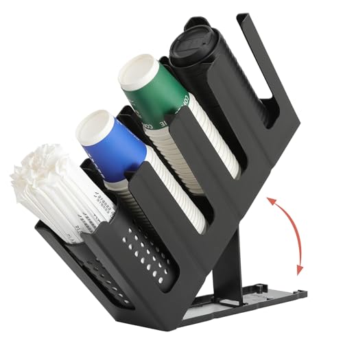 Paper Cup and Lid Holder with Straw Organizer,4 Compartment Adjusting,Coffee Cup Dispenser for Countertop,Coffees Station,Bar Restaurant,Black