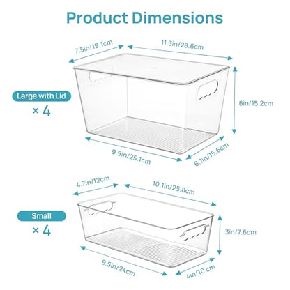 Vtopmart 8 Pack Clear Plastic Storage Bins with Lid Set, 4 Large and 4 Small Pantry Organizers and Storage Bins with Handle, Storage Containers for Pantry, Kitchen, Fridge, Cabinet Organization - size: 4 Large (With Lid) + 4 Small
