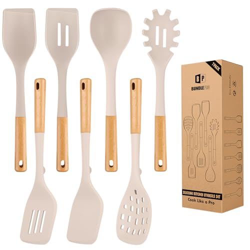 Silicone Kitchen Utensil Set for Non Stick Cookware, 7 Pcs Heat Resistant Cooking Utensils with Wooden Handle, BPA Free Kitchen Tools with Spatulas, Spoons, Skimmer and Pasta Fork (KHAKI) - color: Khaki