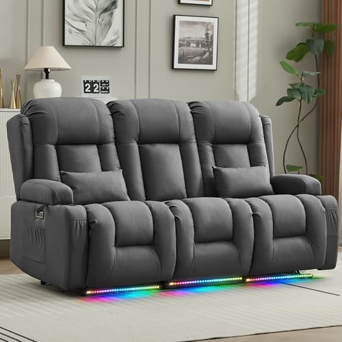 URRED Power Loveseat Recliner Sofa with Massage and Heat, Wall Hugger Reclining Loveseat with Console, RV Couch Home Theater Seating with LED Lights for Living Room (Gray, 76.8" - 3 Seats) - color: Grey, size: 76.8" - 3 Seats