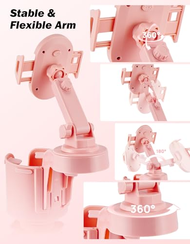 JOYTUTUS Cup Holder Phone Mount for Car, Car Cellphone Large Adapter Long Arm with 360 Degree Rotation, Compatible iPhone, Samsung & All Smartphones,Pink,1 Pack - color: PINK