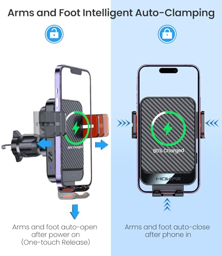 Wireless Car Charger, MOKPR 15W Fast Charging Auto-Clamping Car Mount Hands-Free Car Charger Mount for Dash Windshield Air Vent Compatible with iPhone 16 15/14/13/12, Samsung S23/S22/S21,red - color: Red Clamp