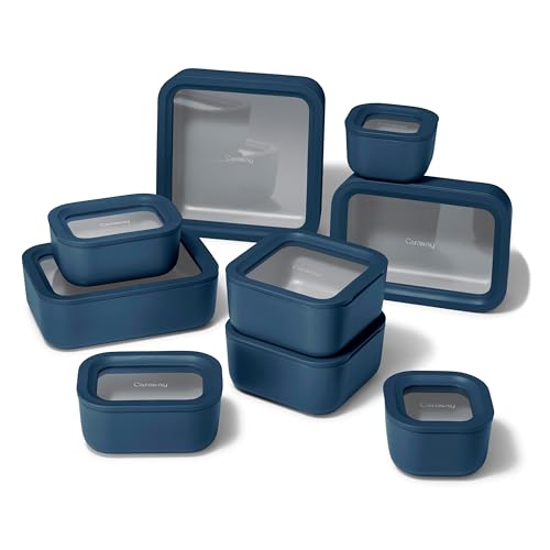 Caraway 22pc Glass Food Storage Set - Storage Containers for Food - Non-Toxic Ceramic-Coated Glass - Air Release Technology - Compact & Stackable Design - Navy - color: Navy, size: Food Storage Set (22x)
