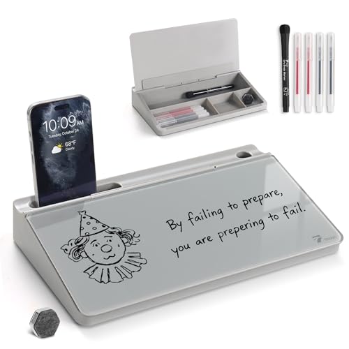 TOWON Small Compact Glass Desktop Whiteboard with Storage – 12 x 7 in Dry Erase Board for Desk, Home Office, School | Includes 5 Markers, Eraser & Holder | Space-Saving Organizer, Stone Gray - color: Gray