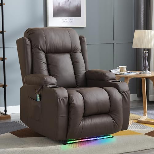 TUNYI Power Recliner Sofa with Massage & Heat Home Theater Seating with Console RV Recliner Sofa with USB/Storage/Side Pocket/LED Light/Speaker (Brown, 1PC) - color: Brown, size: 1 Seat