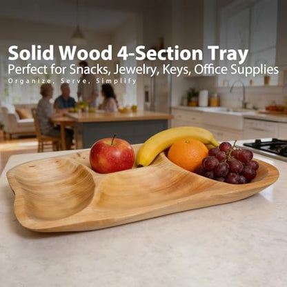 BTEOBFY Natural Wood 4-Compartment Divided Fruit Tray, Live Edge Handmade Serving Platter for Snacks, Sandwiches, Appetizers, Unique Hand-Carved Rustic Design - size: 15.8 INCH