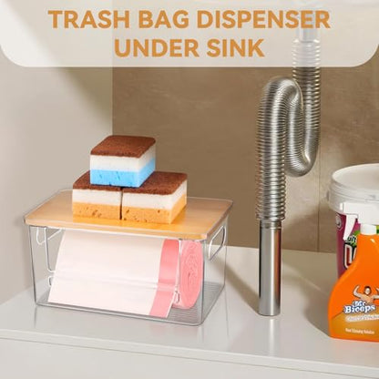 Trash Bag Holder Dispenser, Garbage Bag Dispenser with Bamboo Lid & Handles, Stackable Clear Trash Bag Organizer Under Sink for Kitchen, Pantry, Laundry Room, Cabinet - size: Small