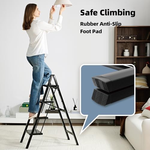 HillhutApex 4 Step Ladder, Lightweight Foldable 4 Step Stool with Anti-Slip Wide Pedal, 330lbs Capacity Aluminum Ladder for Household,Office,Garage(Black) - color: Black, size: 4 Step