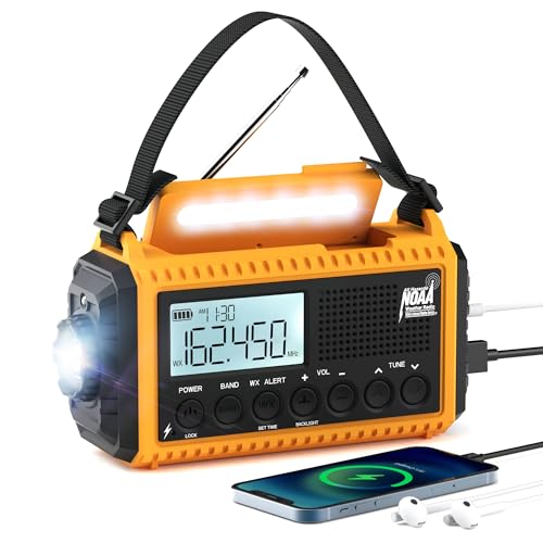 Eoxsmile NOAA Emergency Weather Radio - 5000mAh Solar/Hand Crank/Battery AM/FM/SW with USB Charger, LED Flashlight & SOS Alert, Clock, Portable Survival Radio for Power Outage, Hurricanes, Camping - color: Yellow and black