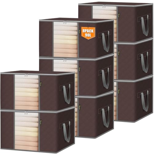 BALEINE 8 Pack Clothes Storage Bags, 24 Gallon Storage Containers with Reinforced Handle, Sturdy Zipper, Closet Organizer for Blanket, Comforter, Pillow, Bedding (Brown, 8 Pack) - color: Brown, size: 8 Pack-24 Gallon