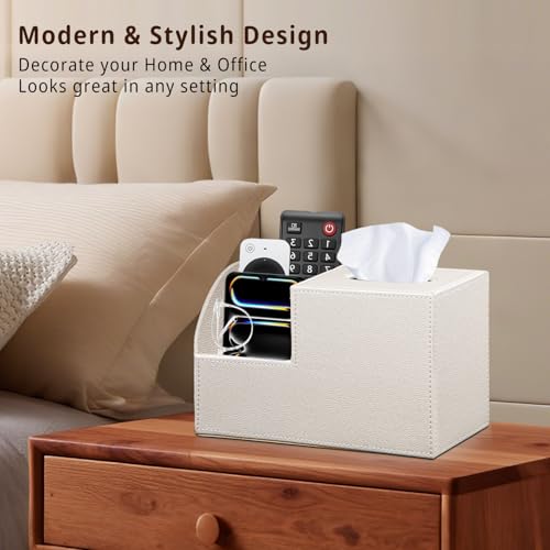 PU Leather Square Tissue Box Cover - Multi-Functional Tissue Box Holder, Tissue Box Cover with Storage,Tissue and Remote Control Holder, Cube Tissue Box Organizer Bedroom Nightstand End Table - color: Beige White