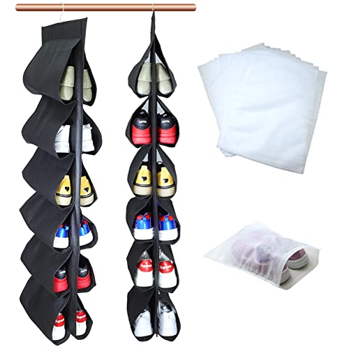 2 Pack 12 Large Pockets Hanging Shoe Organizer for Closet - Black | Rotating Hanger, for Men's Shoes, Kids Clothes, Travel Shoe Rack