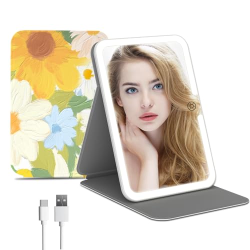 Rechargeable Travel Lighted Makeup Mirror with PU Leather Cover, Portable Travel Makeup Mirror with lights, 3 Color Lighting,Touch Sensor Dimmable, Light Up Tabletop Cosmetic Mirror Folding Flower - color: Flower