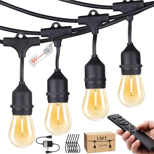 SUFEIMAS LED-Outdoor-String-Lights-Patio-Light-Outside 50FT Waterproof String Light with Remote Dimmer Outdoor Lighting with 34 Plastic Bulbs Hanging Lights for Porch Garden Backyard,1.5 FT Spacing - color: Black, size: 50FT Remote 1.5FT Apart
