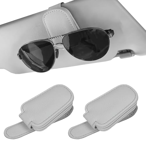 Sunglass Holder for Car Visor, Magnetic Leather Sunglasses Holder and Ticket Card Clip for Car - color: Grey