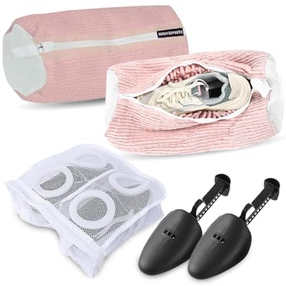Shoe Cleaning Kit: Shoe Washing Bag (2pcs), Mesh Laundry Bag for Shoe Dryer and Adjustable Shoe Trees (5 pc kit)