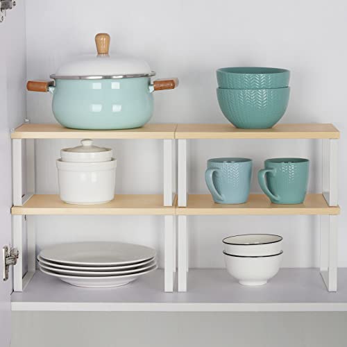 Counter Shelves Set of 4 Stackable Kitchen Cabinet Organizer Shelf and Expandable Wood Countertop Shelves for Bathroom Study Room, White - color: White