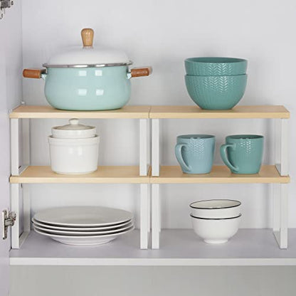 Counter Shelves Set of 4 Stackable Kitchen Cabinet Organizer Shelf and Expandable Wood Countertop Shelves for Bathroom Study Room, White - color: White
