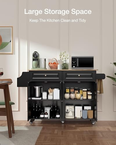 Qsun Kitchen Island with Storage, Kitchen Cart on 5 Universal Wheels, Mobile Kitchen Island with Rubber Wood Top and Side Rack (Black) - color: Black