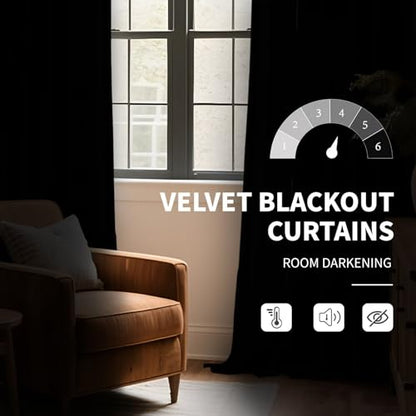 CUCRAF Black Velvet Blackout Curtains 108 inches Long, Thermal Insulated, Noise Reducing Rod Pocket Luxury Drapes for Bedroom Living Room(52x108 inches, 2 Panels) - color: Black, size: 52"W x 108"L (Pack of 2)