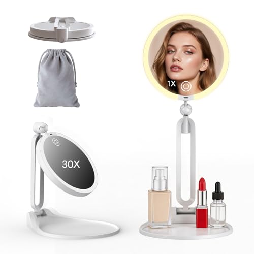 30X/1X Travel Makeup Mirror with Lights, Double-Sided Magnifying Mirror, 3-Color Dimming Lighting, Foldable Lighted Mirror for Desk&Travel, 360° Adjustable, 1500mAh(30x-White) - color: 30x-white