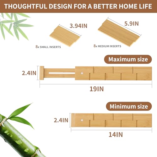 Bamboo Drawer Dividers with Inserts kitchen drawer organizer Adjustable Expandable 8 Pack Organizer Set for Kitchen Bedroom Bathroom Office 8 Dividers with 16 Inserts (Natural, Small (14-19IN)) - size: Small (14-19IN)