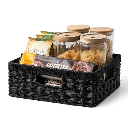 GRANNY SAYS Wicker Basket for Organizing, Wicker Storage Baskets for Shelves, Woven Baskets for Pantry Storage, Shallow Basket, Black, 1Pack - color: Black, size: 13"L x 10¾"W x 4¾"H