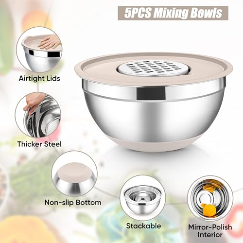 E-far Stainless Steel Mixing Bowls with Lids Set, 5-Piece Nesting Salad Bowls with 3 Grater Attachments and Non-Slip Bottoms, Size 4.6, 2.6, 2, 1.5, 1QT for Kitchen (Khaki) - color: Khaki, size: 5 Regular Sizes