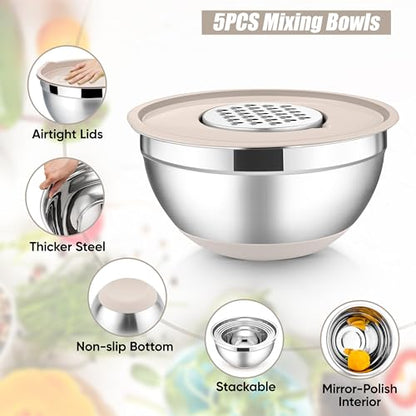 E-far Stainless Steel Mixing Bowls with Lids Set, 5-Piece Nesting Salad Bowls with 3 Grater Attachments and Non-Slip Bottoms, Size 4.6, 2.6, 2, 1.5, 1QT for Kitchen (Khaki) - color: Khaki, size: 5 Regular Sizes