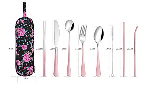 Travel Utensils,Reusable Silverware Set To Go Portable Cutlery Set with a Waterproof Carrying Case for Lunch Boxes Workplace Camping Picnic (GraPink) - color: Gradient Pink + TeaSpoon
