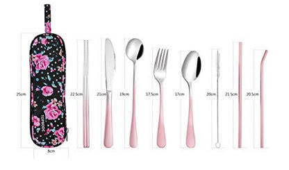 Travel Utensils,Reusable Silverware Set To Go Portable Cutlery Set with a Waterproof Carrying Case for Lunch Boxes Workplace Camping Picnic (GraPink) - color: Gradient Pink + TeaSpoon