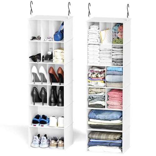 SpaceAid 2 Pack Hanging Closet Organizer and Storage with Dividers, 24 Compartments Hanging Shoe Shelves for Closet, Wardrobe, RV, Garment Rack - White - color: White