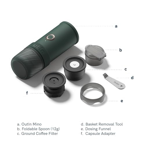 OutIn Mino with Fino, Portable Electric Espresso Machine with Portable Electric Coffee Grinder (Green & Brown)