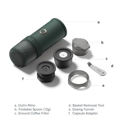 OutIn Mino with Fino, Portable Electric Espresso Machine with Portable Electric Coffee Grinder (Green & Brown)