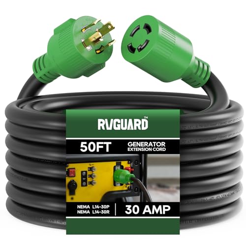 RVGUARD 4 Prong 30 Amp 50 Foot Generator Extension Cord, NEMA L14-30P/L14-30R, 125/250V Up to 7500W 10 Gauge SJTW Cord with Organizer, ETL Listed - size: 50FT